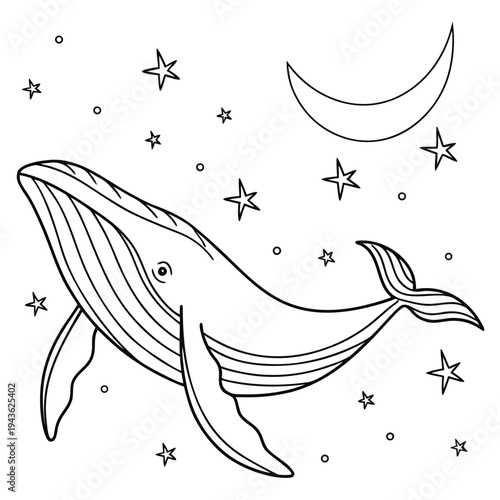 A graceful whale swims among twinkling stars and a crescent moon, a magical and celestial scene for a dreamy illustration