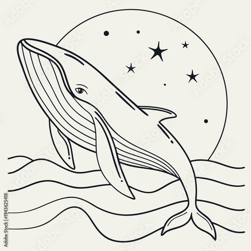 Whale breaching ocean waves with full moon and stars behind, marine mammal, night sky scene, fantasy illustration, creative art