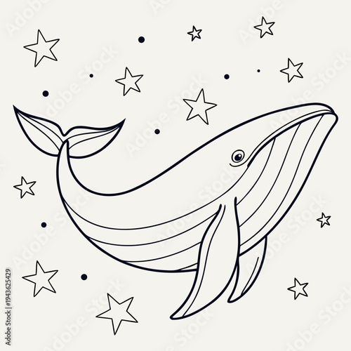 Whale swimming in starry night sky, marine mammal illustration, cosmic scene with stars and dots, whimsical art for kids
