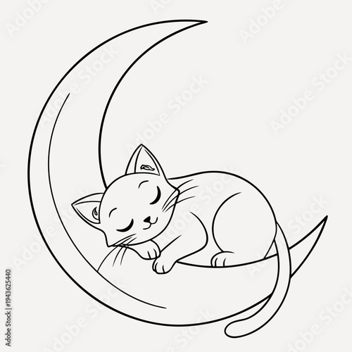 Minimalist outline of small kitten napping on large crescent moon shape for children education and creative coloring projects or decorative graphics