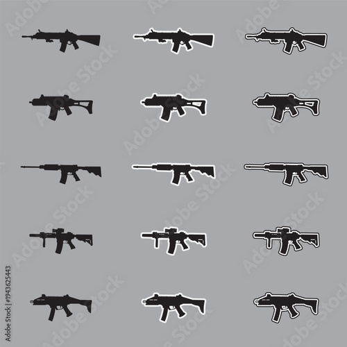 Set of assault rifle silhouette icons with sticker and outline styles, military tactical weapon vectors isolated on gray background.