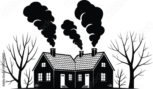 Black silhouette of cozy houses with smoke rising from chimneys and winter trees for home and comfort concepts.