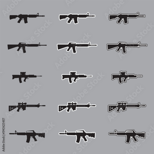 Set of assault rifle silhouette icons with sticker and outline styles, military tactical weapon vectors isolated on gray background.