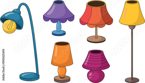 Colorful modern table lamps and floor lamp collection with decorative lampshades, stylish interior lighting fixtures vector illustration set