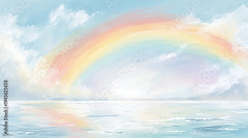 Soft blended watercolor rainbow arching over shimmering ocean under a pastel sky, evoking a sense of hope and tranquility