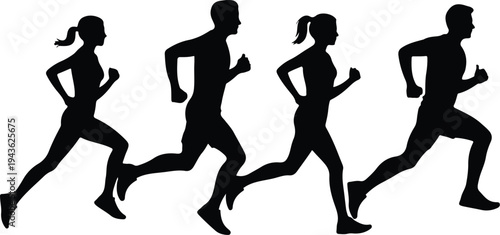 Black silhouettes of men and women running and jogging for fitness sports marathon race and healthy lifestyle concepts.