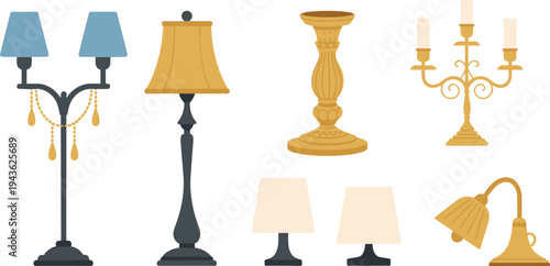 Vintage decorative lamps and candlestick collection vector illustration featuring classic table lamps, candelabra lighting, elegant interior decor elements isolated