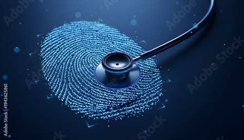 Stethoscope on glowing fingerprint representing digital health and identity internet safety, combining medical device, biometric, cybersecurity concept. Digital Health Cybersecurity & Data Privacy
