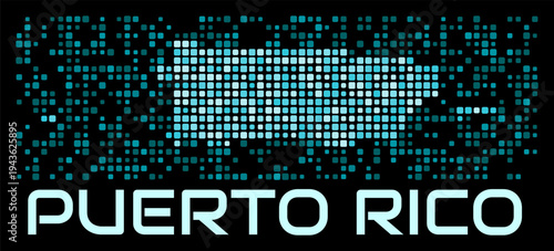 Puerto Rico digital dotted map. Shape of the country in cyan color palette on dark background. Futuristic Puerto Rico map design. Vector illustration.
