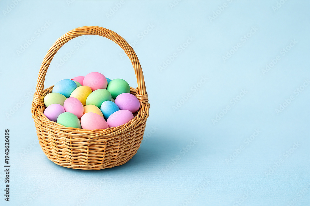 Fototapeta premium Easter Basket Filled with Pastel Colored Eggs on Blue Background with Copy Space