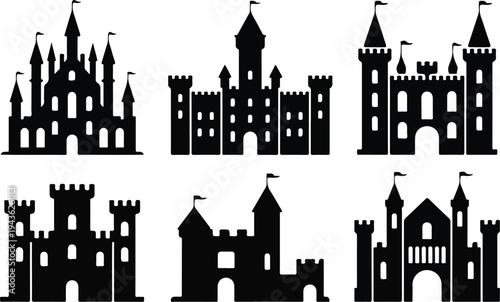 Set of black medieval castle and fortress silhouettes with towers and flags for fantasy gaming and kingdom concepts.