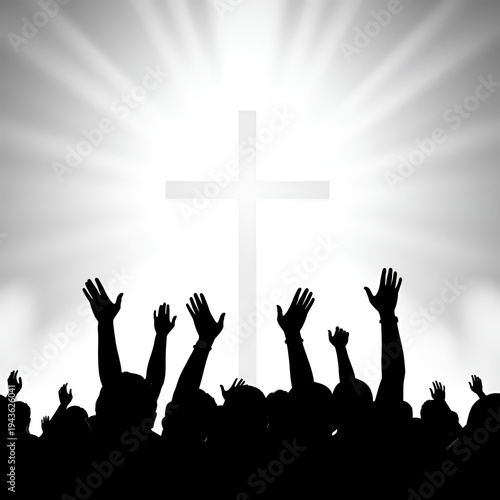 Silhouette worship team raising hands for thanks God at white cross background :