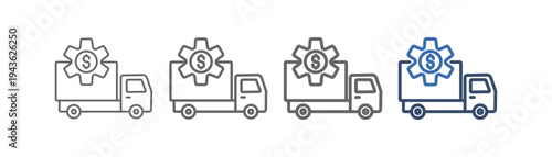 
Outline icon set of shipping business with truck, gear and money design