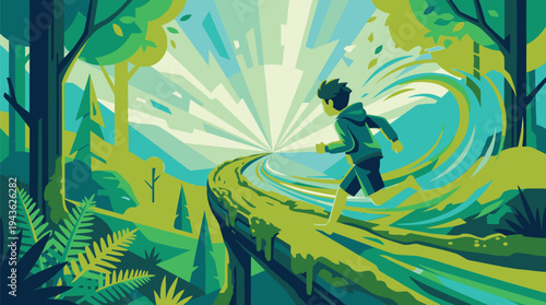 Young Boy Running Through Vibrant Forest Scene.