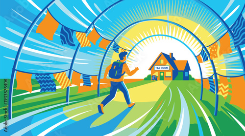 Young Man Running Inside Futuristic Tunnel Towards House.