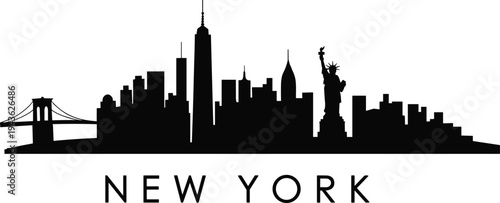 Black silhouette of New York City skyline with Statue of Liberty and Brooklyn Bridge, iconic Manhattan landmark cityscape vector isolated on light background