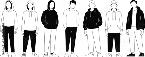 Collection of young men in hoodies and casual streetwear standing together in black and white line art vector illustration style isolated on white background