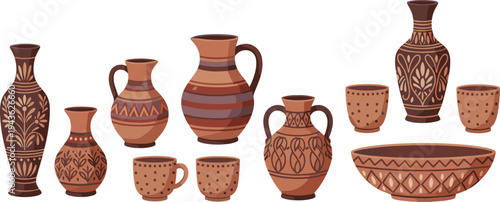 Collection of traditional ceramic pottery items including vases, jugs, cups, and bowl decorated with floral, geometric, dotted earthy designs