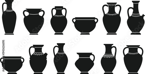 Collection of twelve ancient pottery silhouettes in black, showcasing diverse vase shapes, handles, necks, and decorative historical designs