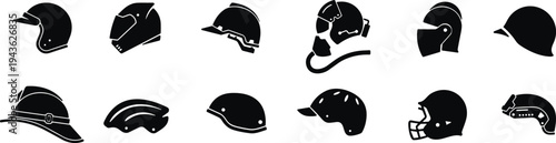 Helmet silhouettes, safety icons, protective vector, tactical clipart, sports design, firefighter motif, aviation symbol, cycling illustration, military graphic, concept art