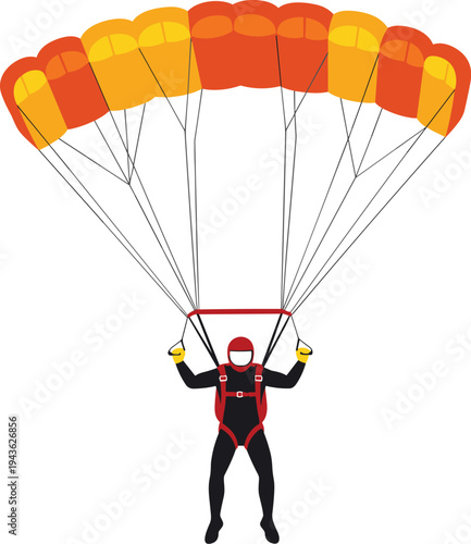 Skydiver descending safely with vibrant orange-yellow parachute canopy, black suit, red harnesses, yellow gloves, holding control lines midair