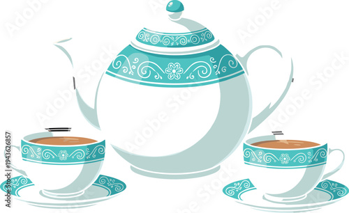 Stylized tea set with turquoise floral swirl design, teapot and two teacups on saucers, filled with tea and teabag strings