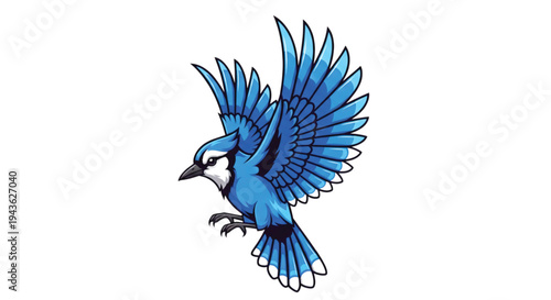 Vibrant blue jay illustration in powerful flight, demonstrating dynamic avian grace with its striking blue feathers and wide wings, symbolizing freedom and natural beauty