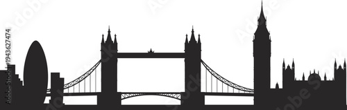 London Tower Bridge skyline silhouette with Big Ben, Tower of London and modern buildings isolated on white background England cityscape illustration