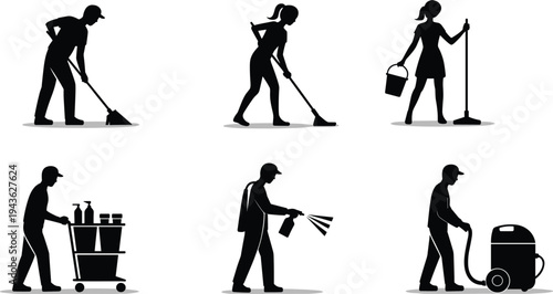 PrintSet of cleaning service silhouettes including janitors with mops spray bottles and industrial vacuums for professional maintenance graphic design