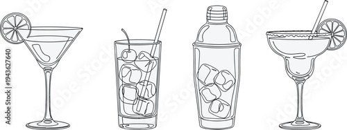 Cocktail drink line art set, martini margarita shaker beverage glasses illustration, bar alcohol drinkware vector collection