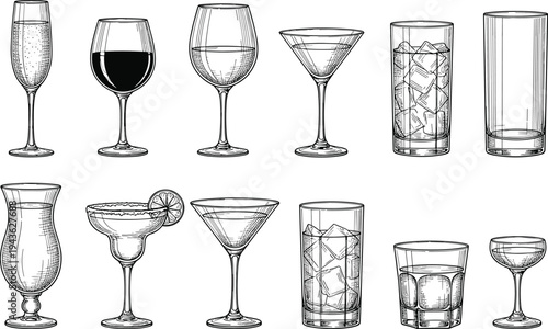 Cocktail and wine glassware set illustration, martini margarita whiskey champagne drink glasses collection, bar beverage vector