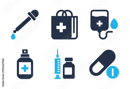 Pharmacy and Medical Supplies icon set. Solid glyph series icons