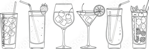cocktail, drinks, beverage, glassware, outline, lineart, illustration, alcohol, mocktail, martini, juice, fruit, bar, menu, refreshment, iced, summer, sketch, collection, set
