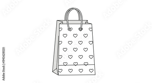 Paper gift bag with a pattern of small hearts and string handles rendered in a clean black and white line art style.