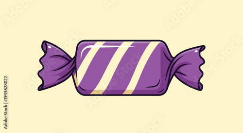Cartoon purple wrapped candy with white diagonal stripes and crinkled ends on a warm cream colored background.