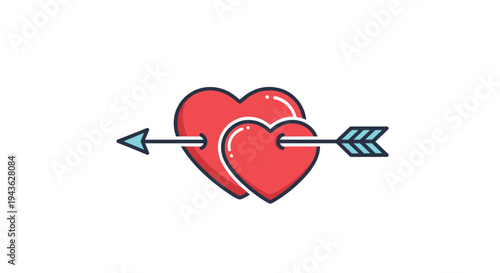 Two vibrant red hearts overlapping and pierced by a single blue arrow in a modern and clean flat illustration style.