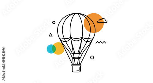 Modern geometric line art of a hot air balloon accompanied by abstract shapes like circles triangles and waves.
