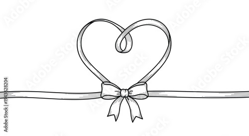 Hand drawn sketch of a thin ribbon forming a heart shape with a delicate bow at the bottom for romantic themes.