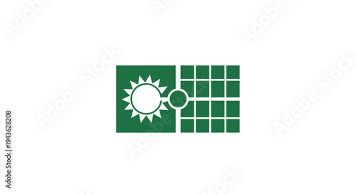 Solar energy panel and sun symbol with magnifying glass.