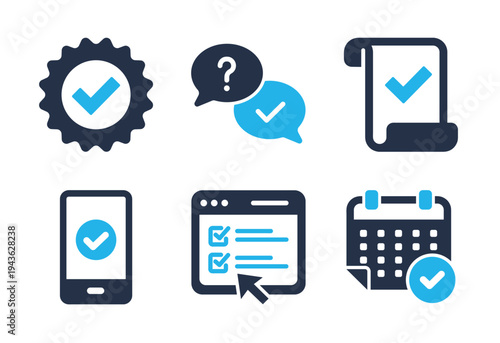 Online Schedule and Confirmation icon set. Solid glyph series icons