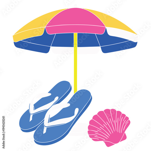 Colorful Beach Umbrella, Flip-flops, and Seashell Vector Graphic on white background