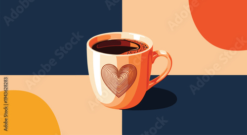 Artistic still life of a coffee cup with a heart pattern on a background of bold geometric shapes and colors.