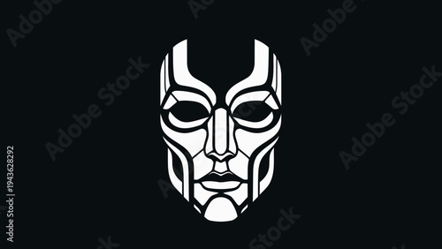 Striking White Futuristic Mask Design on Black Background.
