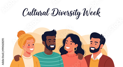 Illustration of diverse people celebrating cultural diversity week with a multicultural community concept in a vibrant, flat design.