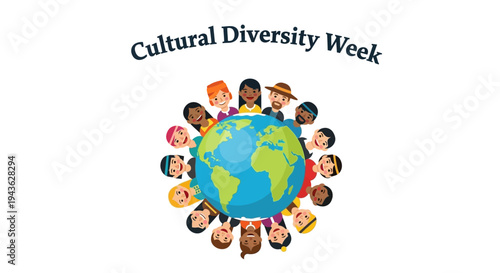 Flat design illustration of diverse people around the globe celebrating Cultural Diversity Week with a multicultural community concept.