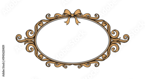 Ornate vintage oval frame in a golden brown color with elegant detailed scrolls and a small bow at the very top.