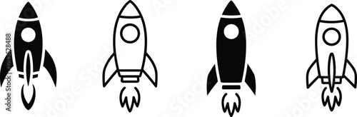 PrintSet of rocket ship icons including outline and silhouette spacecraft launch shapes for startup business and space exploration design