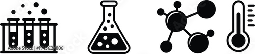 PrintSet of science laboratory icons including test tubes flask molecule and thermometer for chemistry research and education graphic design