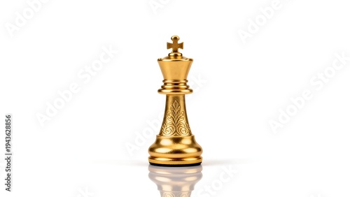 Golden chess king piece on white background