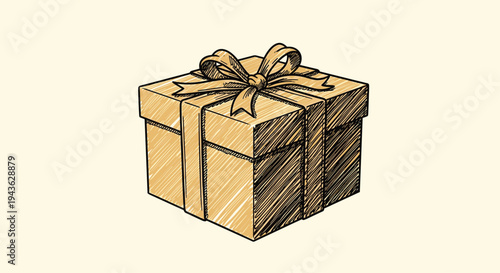 Hand-drawn sketch of a wrapped gift box topped with a pretty ribbon bow represents the joy of giving and special celebrations.
